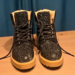 Betsey Johnson Black Glitter Lace-Up Platform Boots with Tan Interior